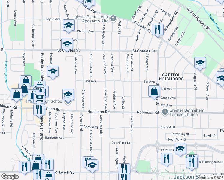 map of restaurants, bars, coffee shops, grocery stores, and more near 559 Fredrica Avenue in Jackson
