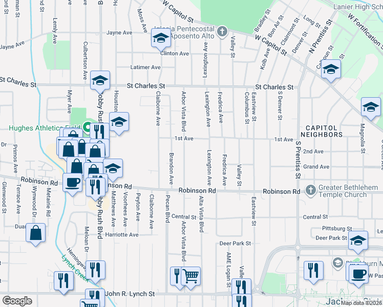 map of restaurants, bars, coffee shops, grocery stores, and more near 802 Arbor Vista Boulevard in Jackson