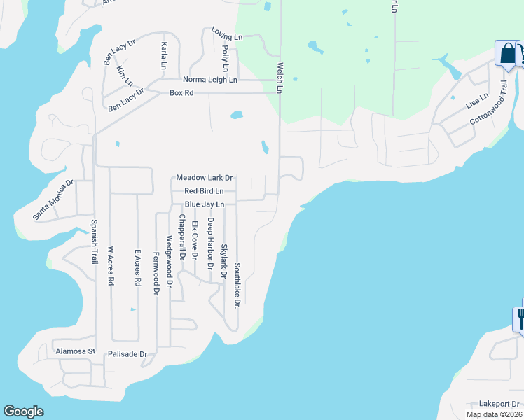map of restaurants, bars, coffee shops, grocery stores, and more near 105 Happy Hills Lane in Gun Barrel City