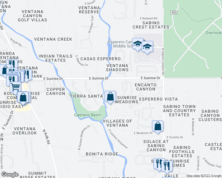 map of restaurants, bars, coffee shops, grocery stores, and more near 5497 North Ventana Vista Road in Tucson