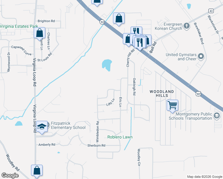 map of restaurants, bars, coffee shops, grocery stores, and more near 4584 Lilly Lane in Montgomery