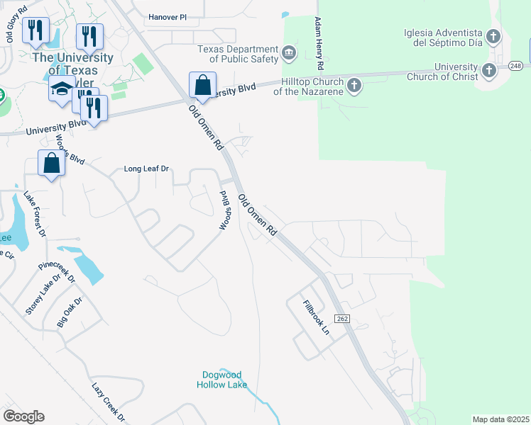 map of restaurants, bars, coffee shops, grocery stores, and more near 3500 Old Omen Road in Tyler