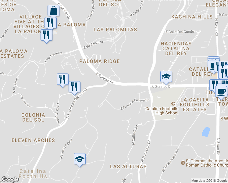 map of restaurants, bars, coffee shops, grocery stores, and more near 5562 North Paseo Pescado in Tucson