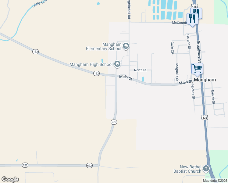 map of restaurants, bars, coffee shops, grocery stores, and more near State Route 576 in Mangham