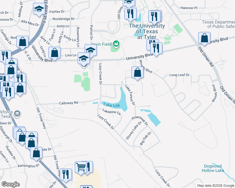 map of restaurants, bars, coffee shops, grocery stores, and more near 3708 Lake Vista Circle in Tyler