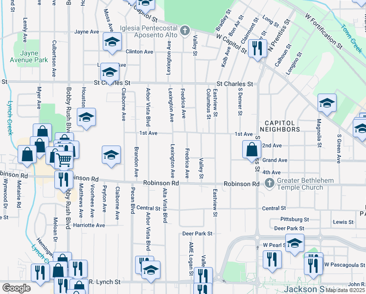 map of restaurants, bars, coffee shops, grocery stores, and more near 559 Fredrica Avenue in Jackson