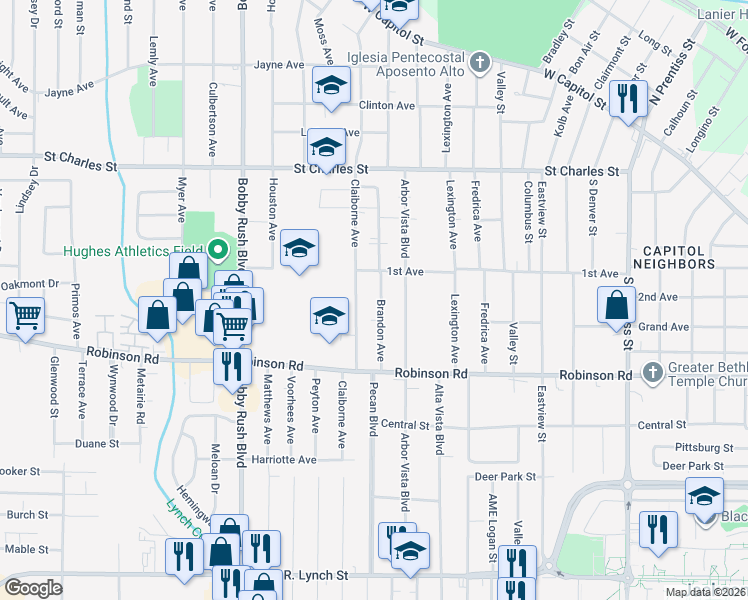 map of restaurants, bars, coffee shops, grocery stores, and more near 851 Brandon Avenue in Jackson