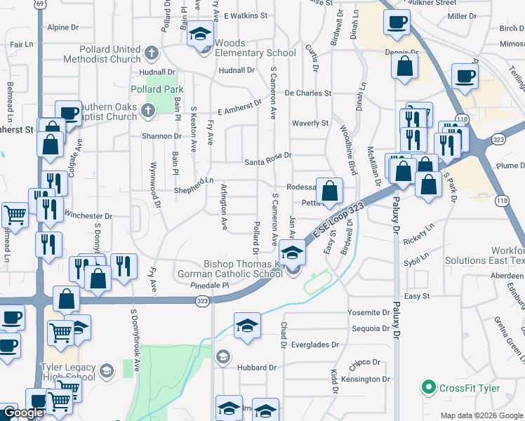 map of restaurants, bars, coffee shops, grocery stores, and more near 1117 Wilmington Place in Tyler