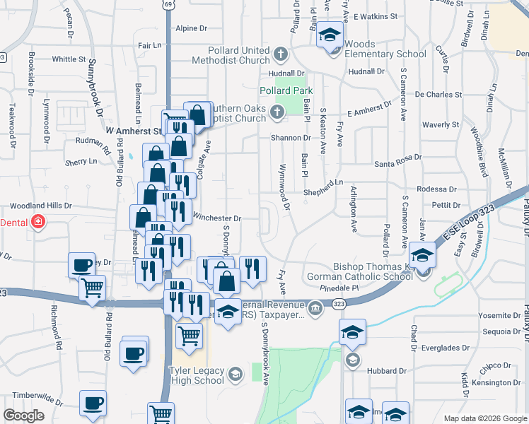map of restaurants, bars, coffee shops, grocery stores, and more near 3725 Colony Park Drive in Tyler