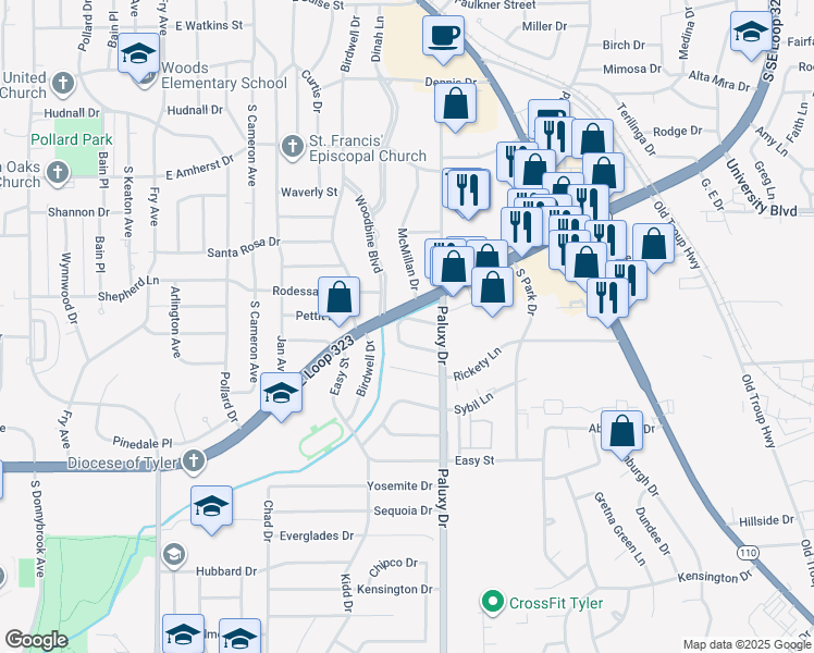 map of restaurants, bars, coffee shops, grocery stores, and more near 1805 Overbrook Drive in Tyler