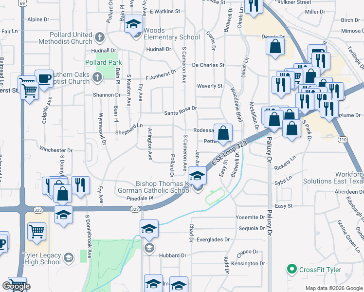 map of restaurants, bars, coffee shops, grocery stores, and more near 3714 South Cameron Avenue in Tyler