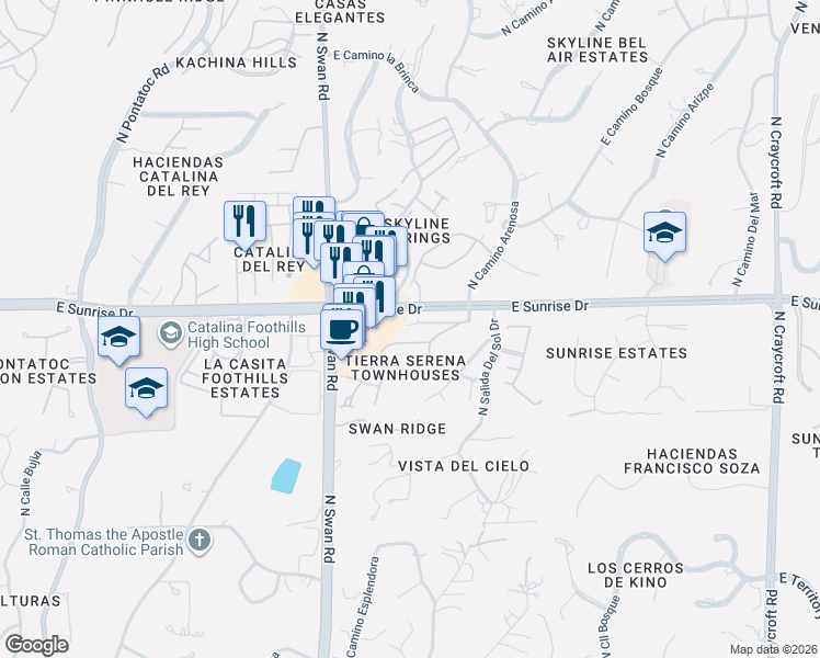 map of restaurants, bars, coffee shops, grocery stores, and more near 5528 North Arroyo Grande Drive in Tucson