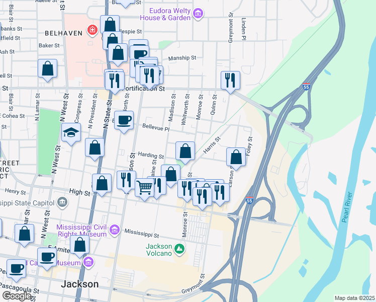 map of restaurants, bars, coffee shops, grocery stores, and more near 721 Harris Street in Jackson