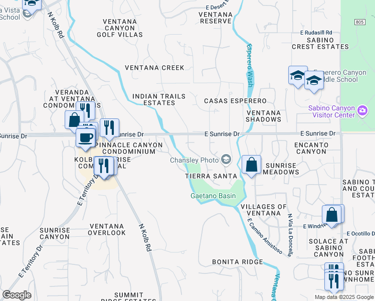 map of restaurants, bars, coffee shops, grocery stores, and more near 5545 North Moccasin Trail in Tucson