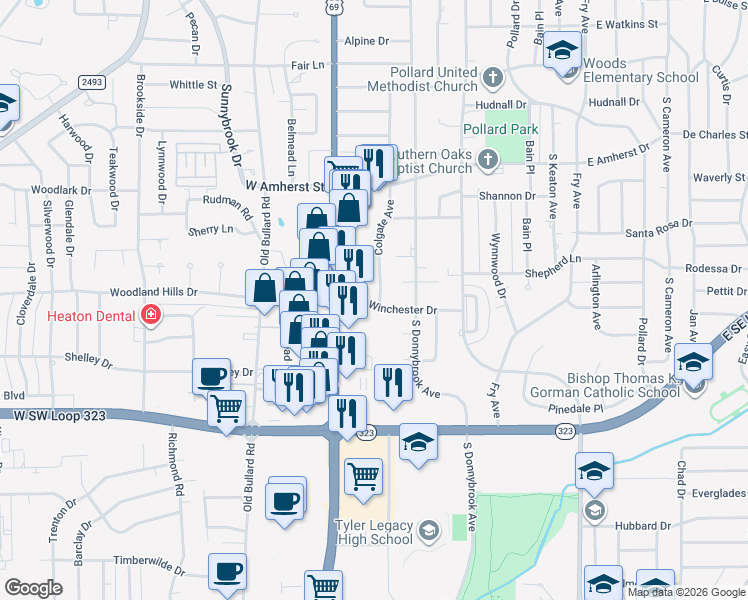 map of restaurants, bars, coffee shops, grocery stores, and more near 215 Winchester Drive in Tyler