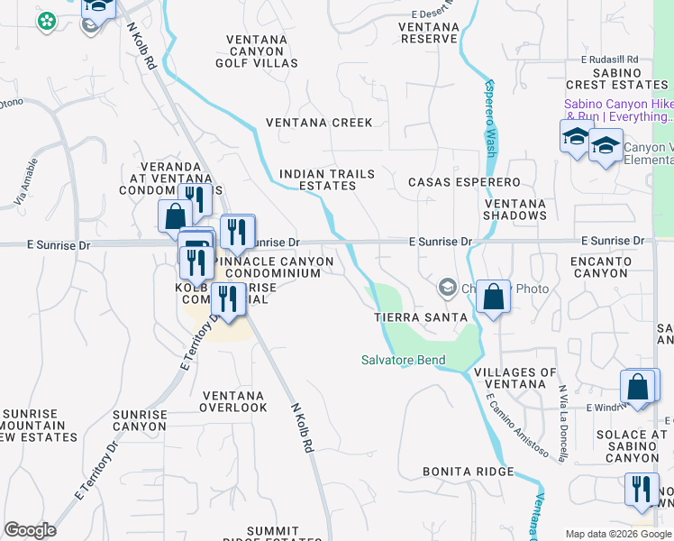 map of restaurants, bars, coffee shops, grocery stores, and more near 7178 East Crystal Mist Drive in Tucson