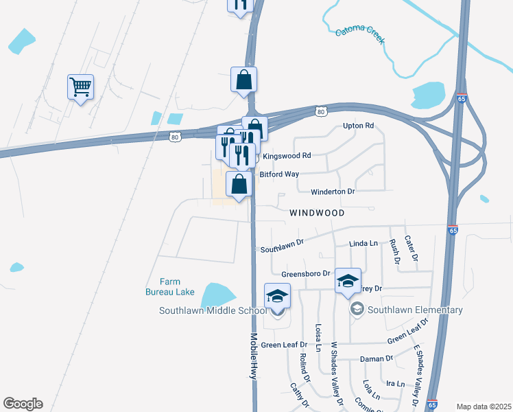 map of restaurants, bars, coffee shops, grocery stores, and more near 100 Windywood Drive in Montgomery
