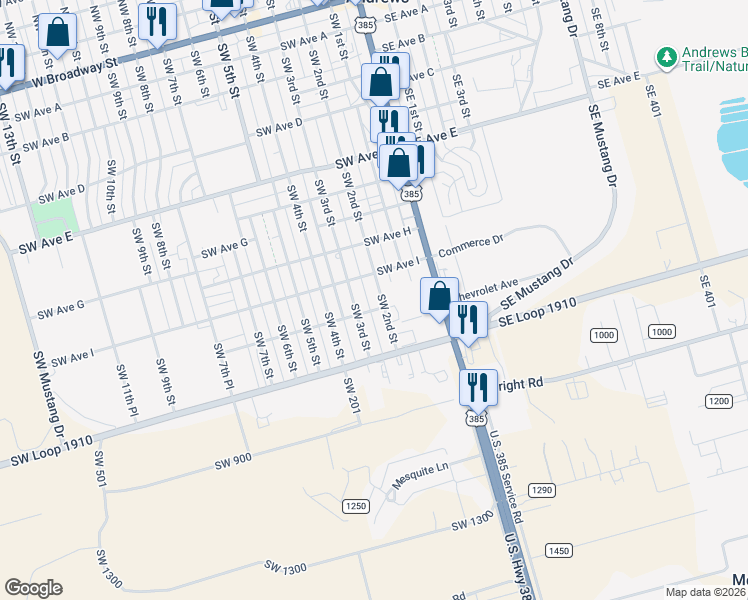 map of restaurants, bars, coffee shops, grocery stores, and more near 1014 Southwest 2nd Street in Andrews