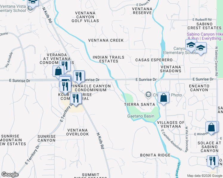 map of restaurants, bars, coffee shops, grocery stores, and more near 5532 North Carnelian Drive in Tucson