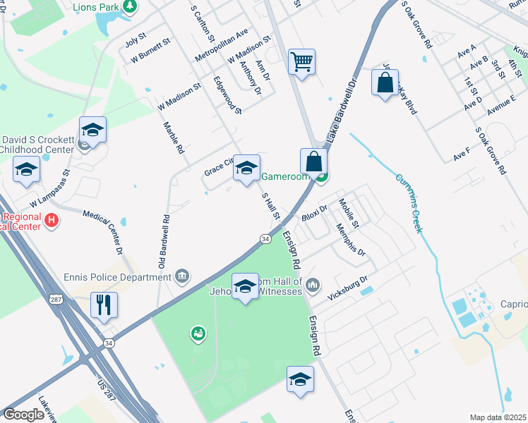 map of restaurants, bars, coffee shops, grocery stores, and more near 1608-1814 South Hall Street in Ennis