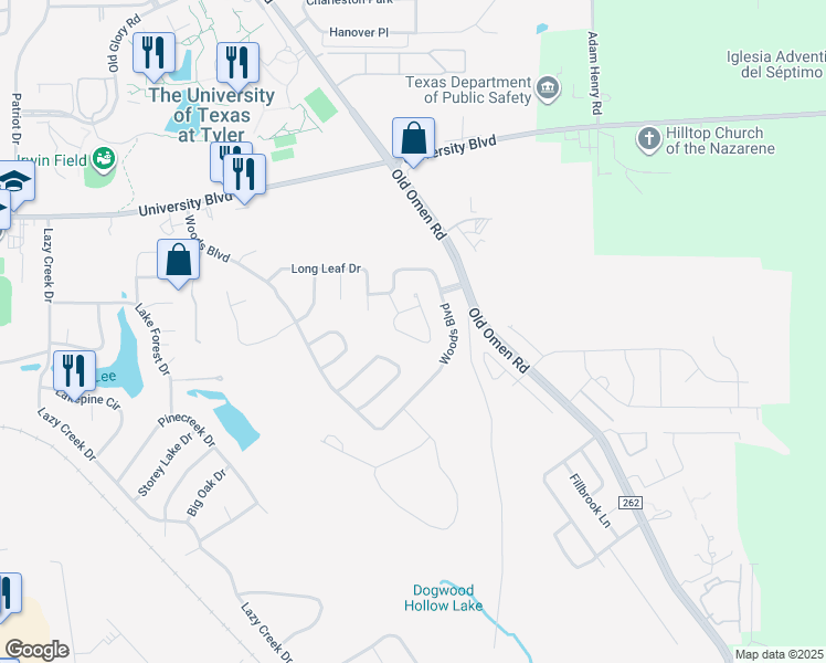map of restaurants, bars, coffee shops, grocery stores, and more near 3861 Broadmoore Court in Tyler