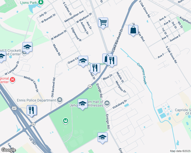 map of restaurants, bars, coffee shops, grocery stores, and more near 1608 South Hall Street in Ennis
