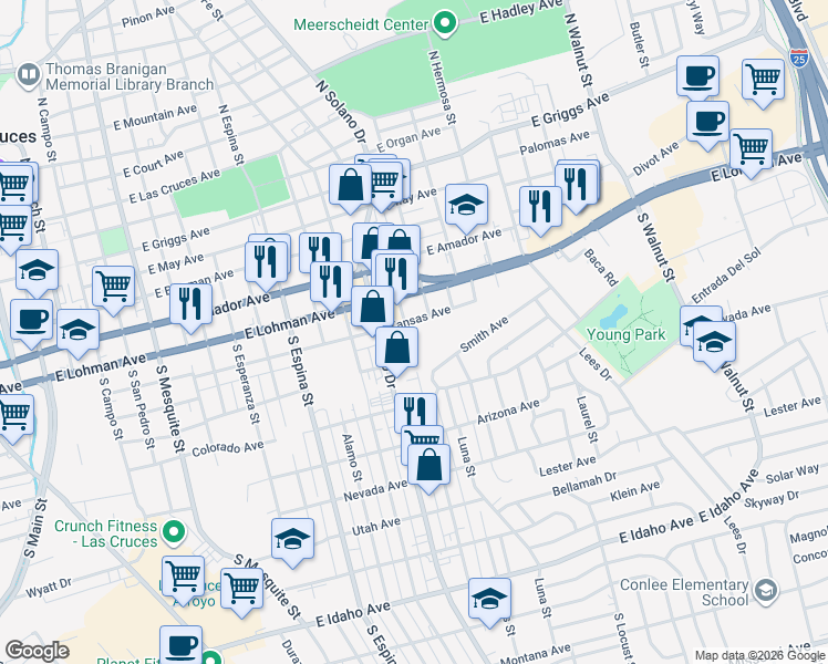 map of restaurants, bars, coffee shops, grocery stores, and more near 615 South Espanola Street in Las Cruces