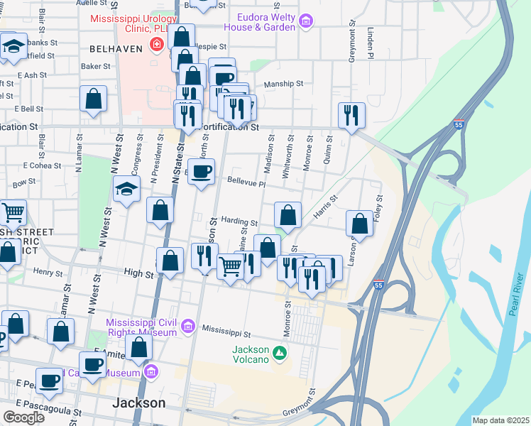 map of restaurants, bars, coffee shops, grocery stores, and more near 816 Madison Street in Jackson