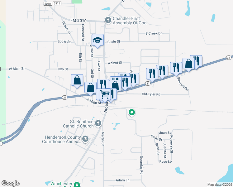 map of restaurants, bars, coffee shops, grocery stores, and more near 206 State Highway 31 West in Chandler