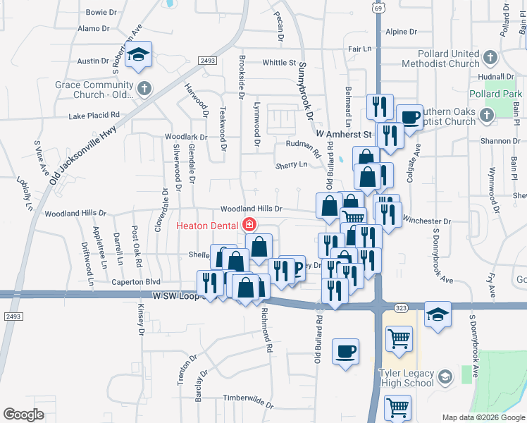 map of restaurants, bars, coffee shops, grocery stores, and more near 604 Woodland Hills Drive in Tyler