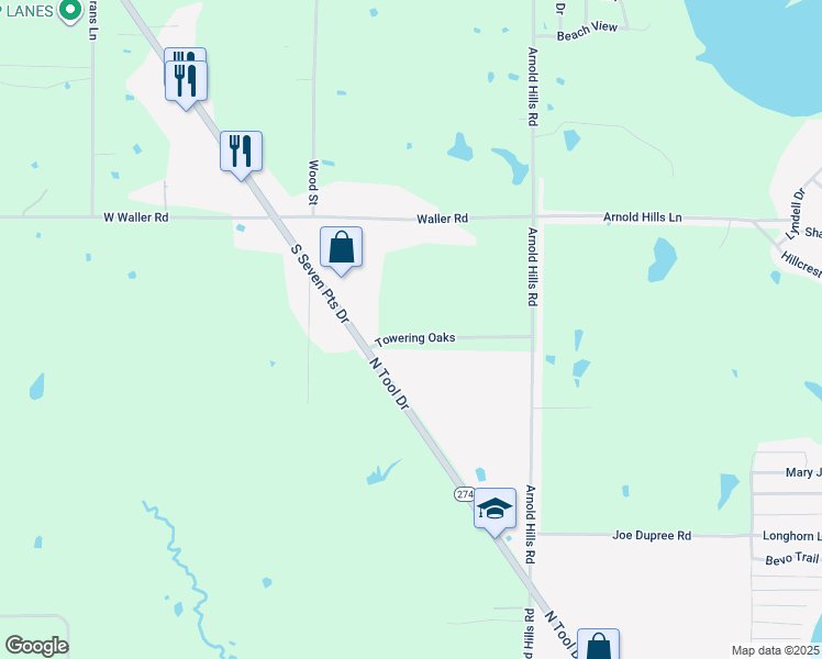 map of restaurants, bars, coffee shops, grocery stores, and more near 129 Towering Oaks in Tool
