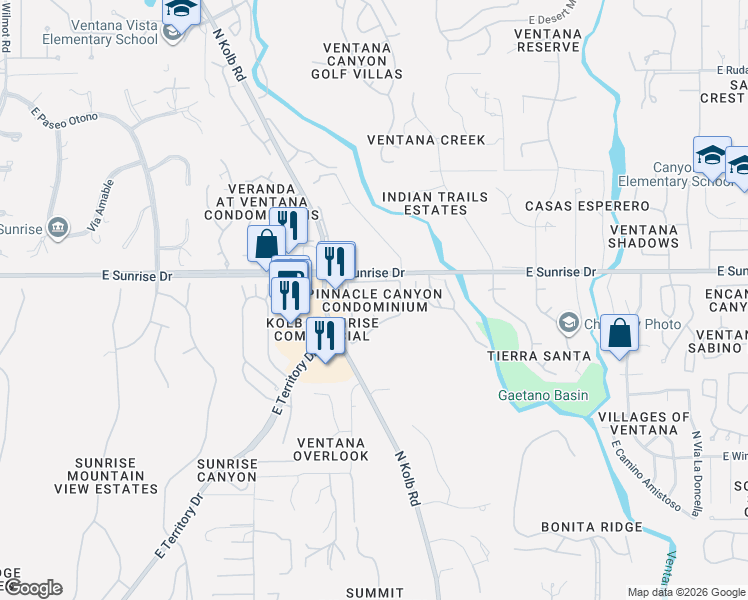 map of restaurants, bars, coffee shops, grocery stores, and more near 7050 East Sunrise Drive in Tucson
