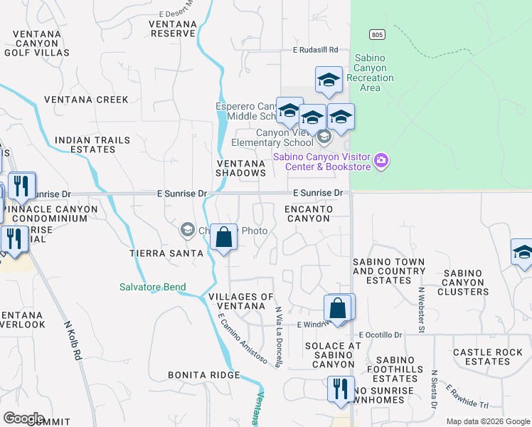 map of restaurants, bars, coffee shops, grocery stores, and more near 5584 North Waterfield Drive in Tucson