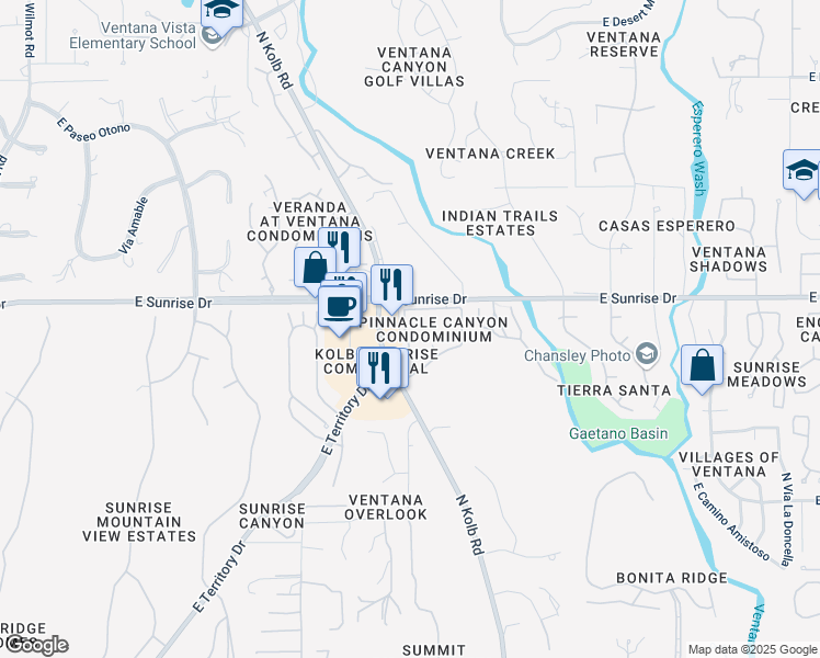 map of restaurants, bars, coffee shops, grocery stores, and more near 7050 East Sunrise Drive in Tucson
