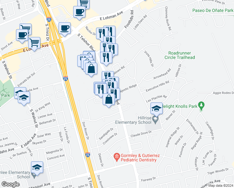 map of restaurants, bars, coffee shops, grocery stores, and more near 2904 Majestic Ridge in Las Cruces