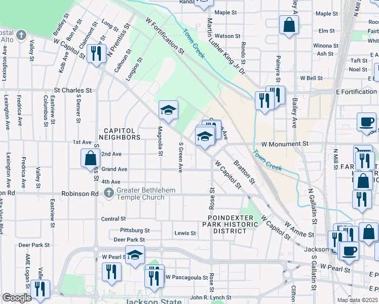 map of restaurants, bars, coffee shops, grocery stores, and more near 121 South Green Street in Jackson
