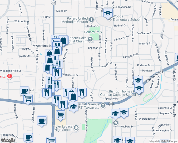 map of restaurants, bars, coffee shops, grocery stores, and more near 3618 New Copeland Road in Tyler