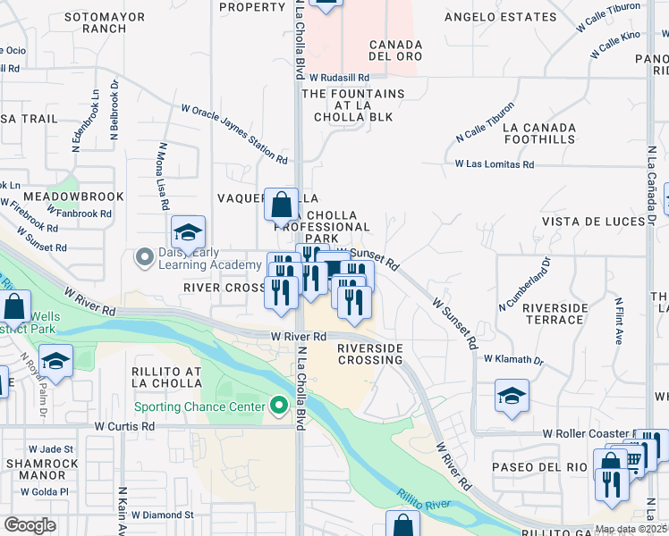 map of restaurants, bars, coffee shops, grocery stores, and more near 2051 West Sunset Road in Tucson