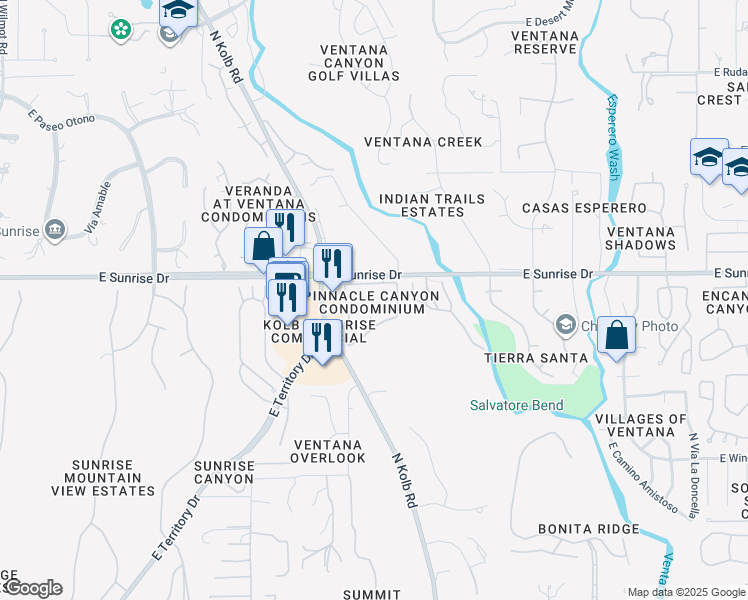 map of restaurants, bars, coffee shops, grocery stores, and more near 7050 East Sunrise Drive in Tucson