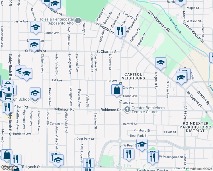 map of restaurants, bars, coffee shops, grocery stores, and more near 418 Buena Vista Avenue in Jackson