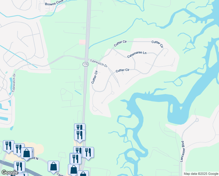 map of restaurants, bars, coffee shops, grocery stores, and more near 5 Schooner Lane in Bluffton