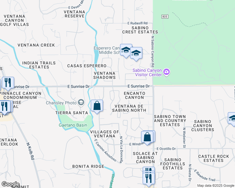 map of restaurants, bars, coffee shops, grocery stores, and more near 5555 North Waterfield Drive in Tucson