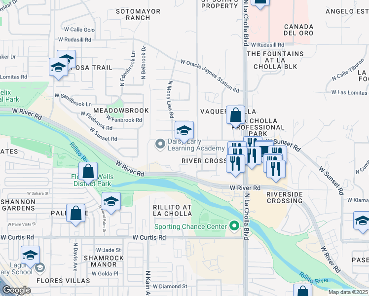 map of restaurants, bars, coffee shops, grocery stores, and more near 2325 West Sunset Road in Tucson