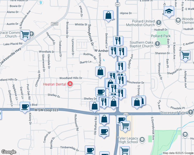 map of restaurants, bars, coffee shops, grocery stores, and more near in Tyler