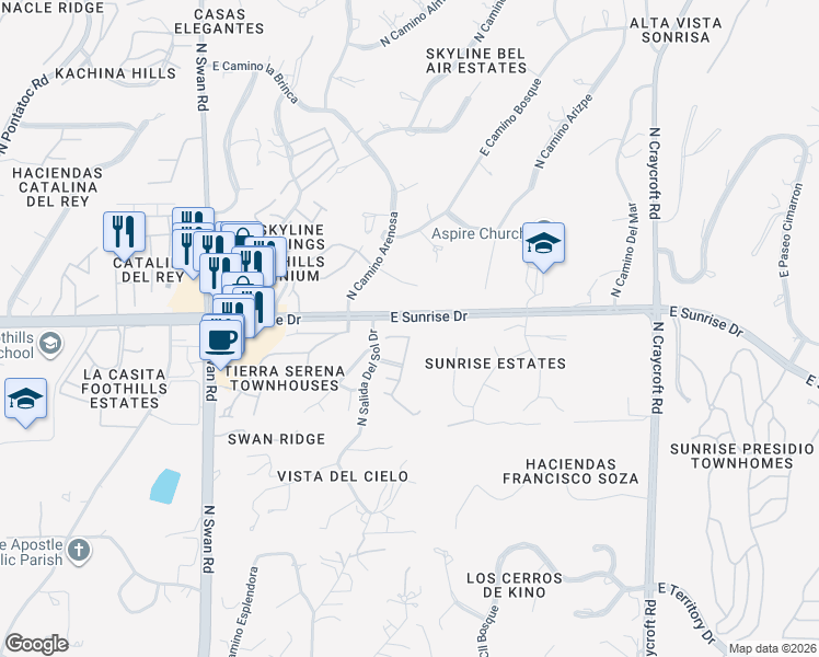 map of restaurants, bars, coffee shops, grocery stores, and more near 5069 East Mesa Crest Place in Tucson