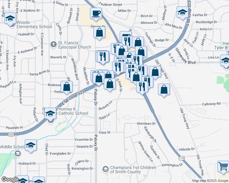 map of restaurants, bars, coffee shops, grocery stores, and more near 1909 Texas 323 Loop in Tyler