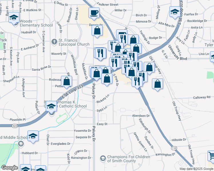map of restaurants, bars, coffee shops, grocery stores, and more near 1909 Texas 323 Loop in Tyler
