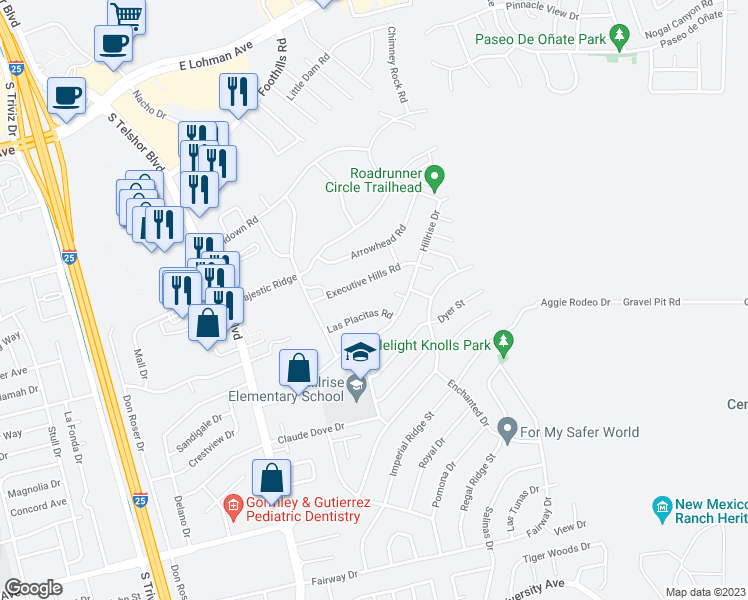 map of restaurants, bars, coffee shops, grocery stores, and more near 3117 Las Placitas Road in Las Cruces