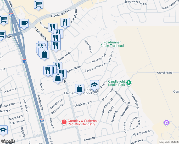 map of restaurants, bars, coffee shops, grocery stores, and more near 3120 Executive Hills Road in Las Cruces