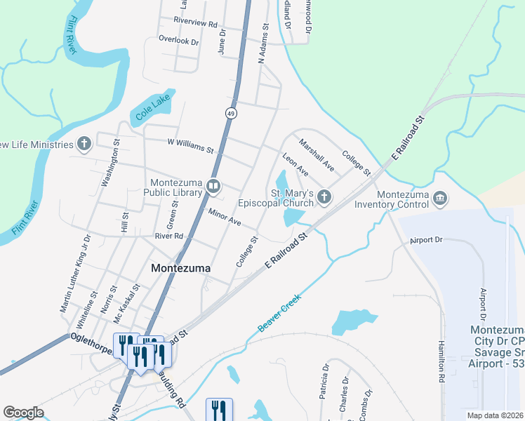 map of restaurants, bars, coffee shops, grocery stores, and more near 511 College Street in Montezuma